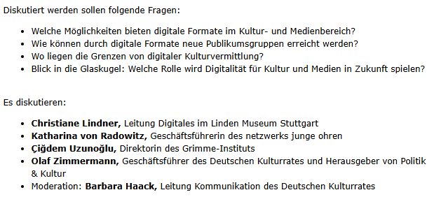 Deutscher Kulturrat (@dkrkultur) on Twitter photo Wie steht es um die digitale Teilhabe in Kultur und Medien? Die neue Folge der Online-Debattenplattform #JaAberUnd von <a href="/pukzeitung/">Politik & Kultur</a> anlässlich des <a href="/DigitaltagDE/">Digitaltag</a> am 25.06.25, 16-17 Uhr. Jetzt anmelden! --> kulturrat.de/presse/pressem… Wie steht es um die digitale Teilhabe in Kultur und Medien? Die neue Folge der Online-Debattenplattform #JaAberUnd von <a href="/pukzeitung/">Politik & Kultur</a> anlässlich des <a href="/DigitaltagDE/">Digitaltag</a> am 25.06.25, 16-17 Uhr. Jetzt anmelden! --> kulturrat.de/presse/pressem…