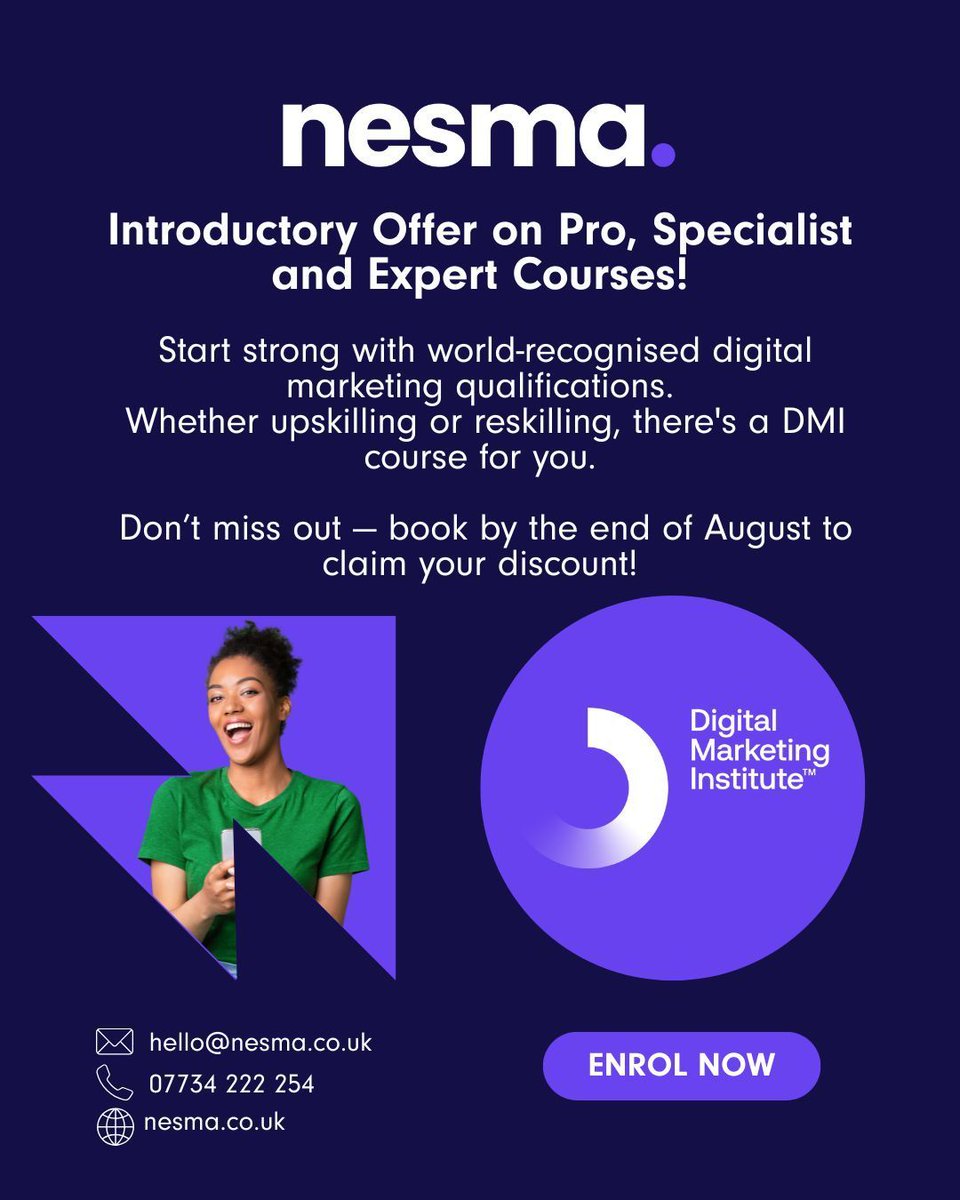 @nesmatraining (@nesmatraining) on Twitter photo We now offer DMI courses!
✔️ Up-to-date digital marketing certifications
✔️ Recognised by top employers worldwide
✔️ Ideal for both individuals & teams
✔️ Aligned with today’s most in-demand digital skills
Contact Jen Lorimer at 07734 222 254 or jen.lorimer@nesma.co.uk We now offer DMI courses!
✔️ Up-to-date digital marketing certifications
✔️ Recognised by top employers worldwide
✔️ Ideal for both individuals & teams
✔️ Aligned with today’s most in-demand digital skills
Contact Jen Lorimer at 07734 222 254 or jen.lorimer@nesma.co.uk