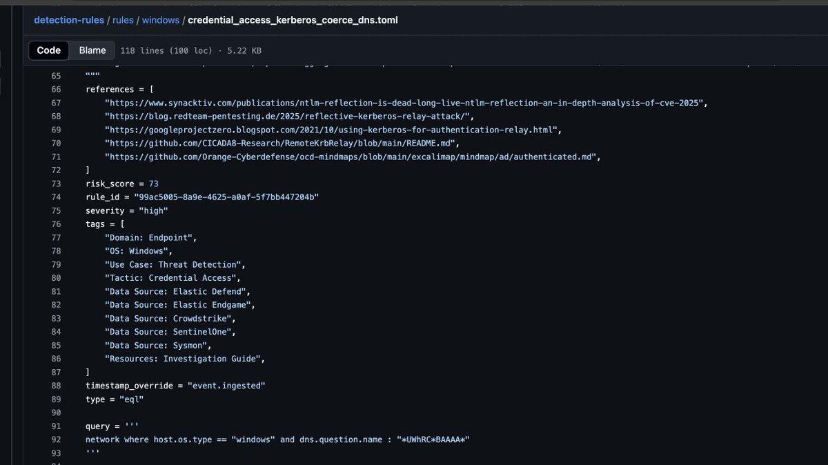 SBousseaden's tweet image. some cool #Elastic detections added by @_w0rk3r to identify potential kerberos SPN Spoofing via the CredMarshalTargetInfo primitive (abused in CVE-2025-33073 and also in other Kerberos reflection attacks):

synacktiv.com/publications/n…

github.com/elastic/detect…

github.com/elastic/detect…