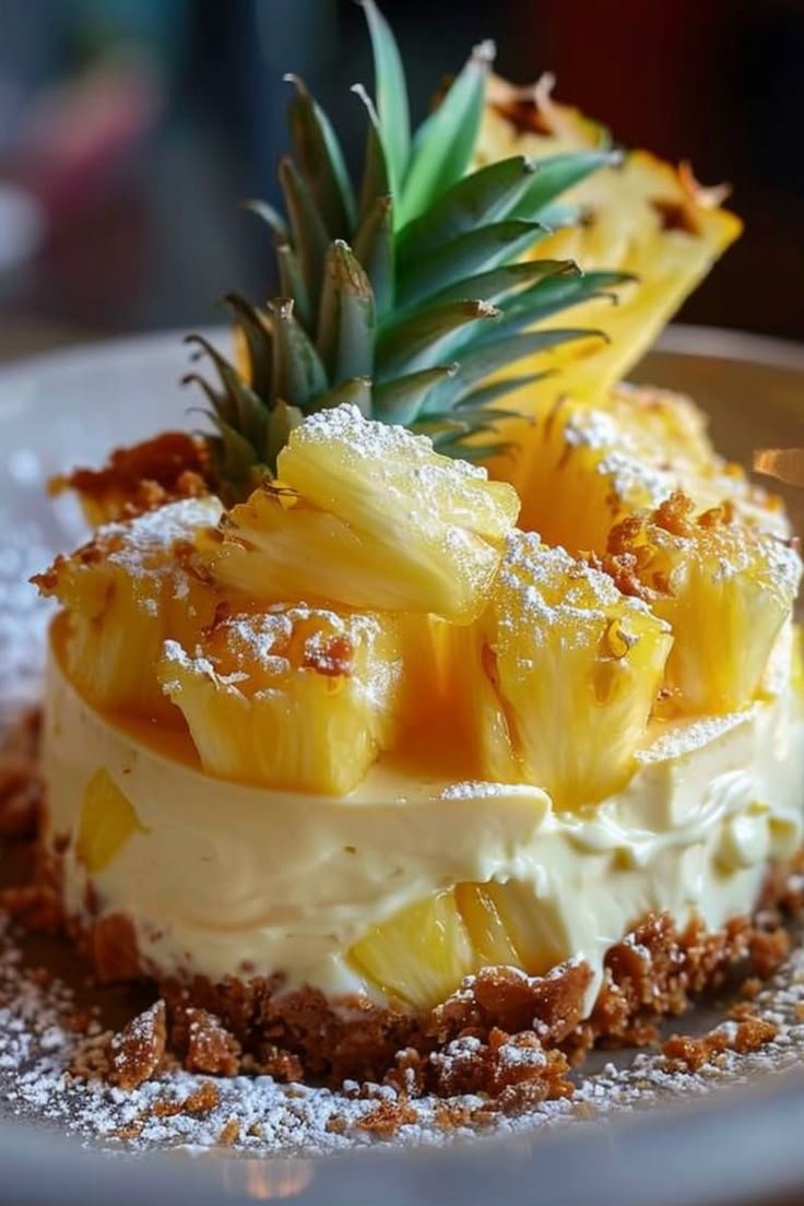 The vibrant pineapple pieces, creamy base, and crunchy crust make it a perfect treat. The dusting of powdered sugar adds a lovely touch!🪷🍀🌸☘️🌼🎂🍰✨🪸