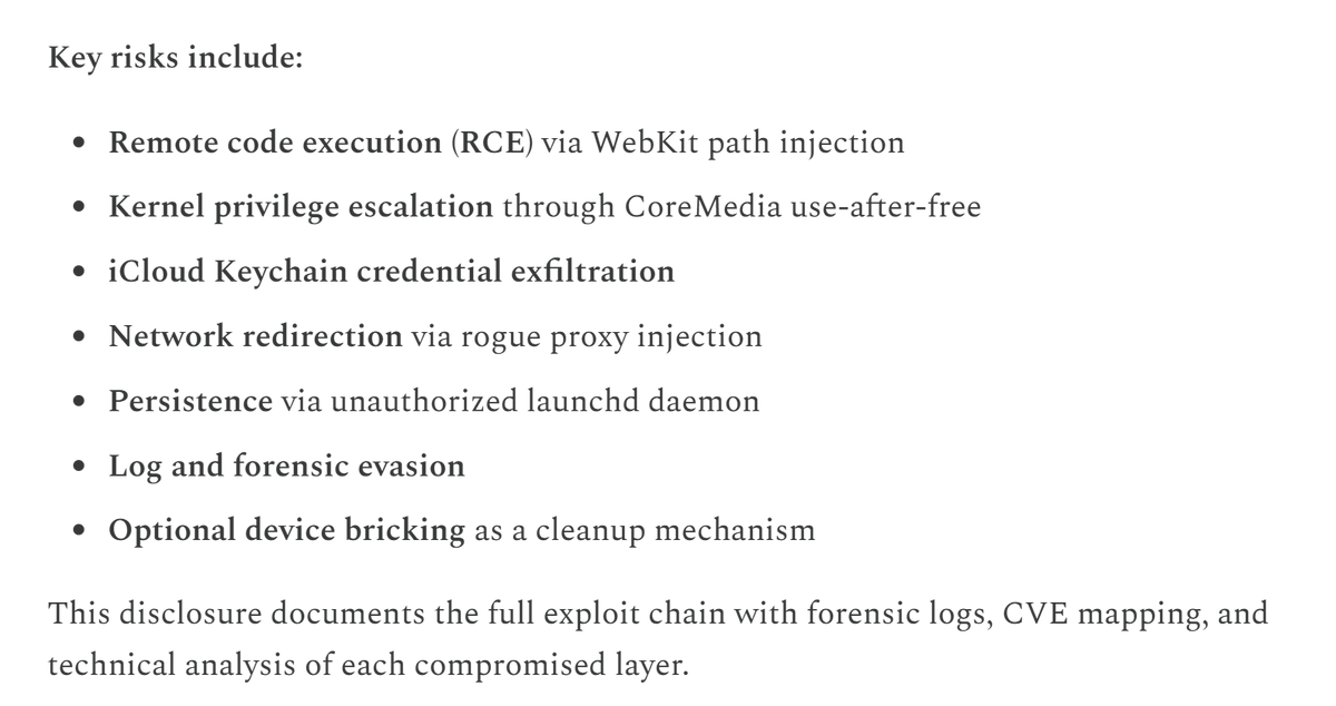 blackorbird's tweet image. #GlassCage zero-click attack IOS
Once triggered, the chain escalates to full root access via a combination of WebKit RCE (CVE-2025-24201) and Core Media kernel exploitation (CVE-2025-24085).#IOCs
weareapartyof1.substack.com/p/glass-cage-z…