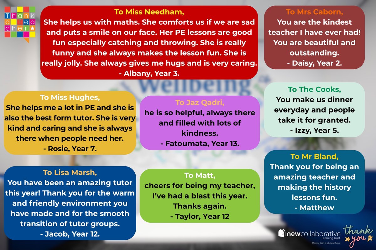 NCLearningTrust's tweet image. Today is National Thank a Teacher Day! Take a look at some of these lovely messages students have written about members of staff from across the Trust to thank them for their hard work 🤩