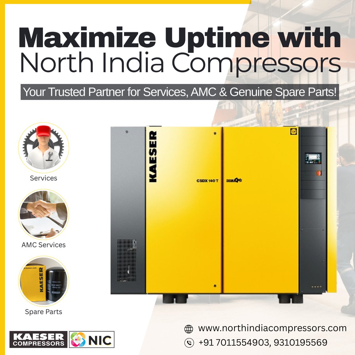 N_I_C_P_L's tweet image. 🔧 Maximize Uptime with North India Compressors!
Your Trusted Partner for Services, AMC, &amp;amp; Genuine Spare Parts – ensuring your compressed air system runs at peak performance, always.

#KaeserCompressors #AirCompressorService #AMC #SpareParts #NIC #NorthIndiaCompressors
