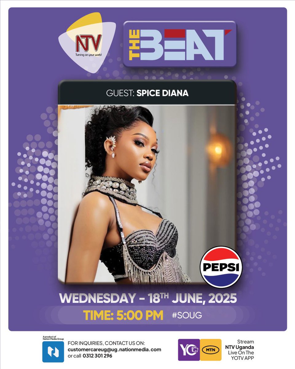 Join us at 5:00 pm as we host the iconic Spice Diana. It's Wednesday, so we'll also be playing all the hottest Ugandan bangers!

#NTVTheBeat #SoUG