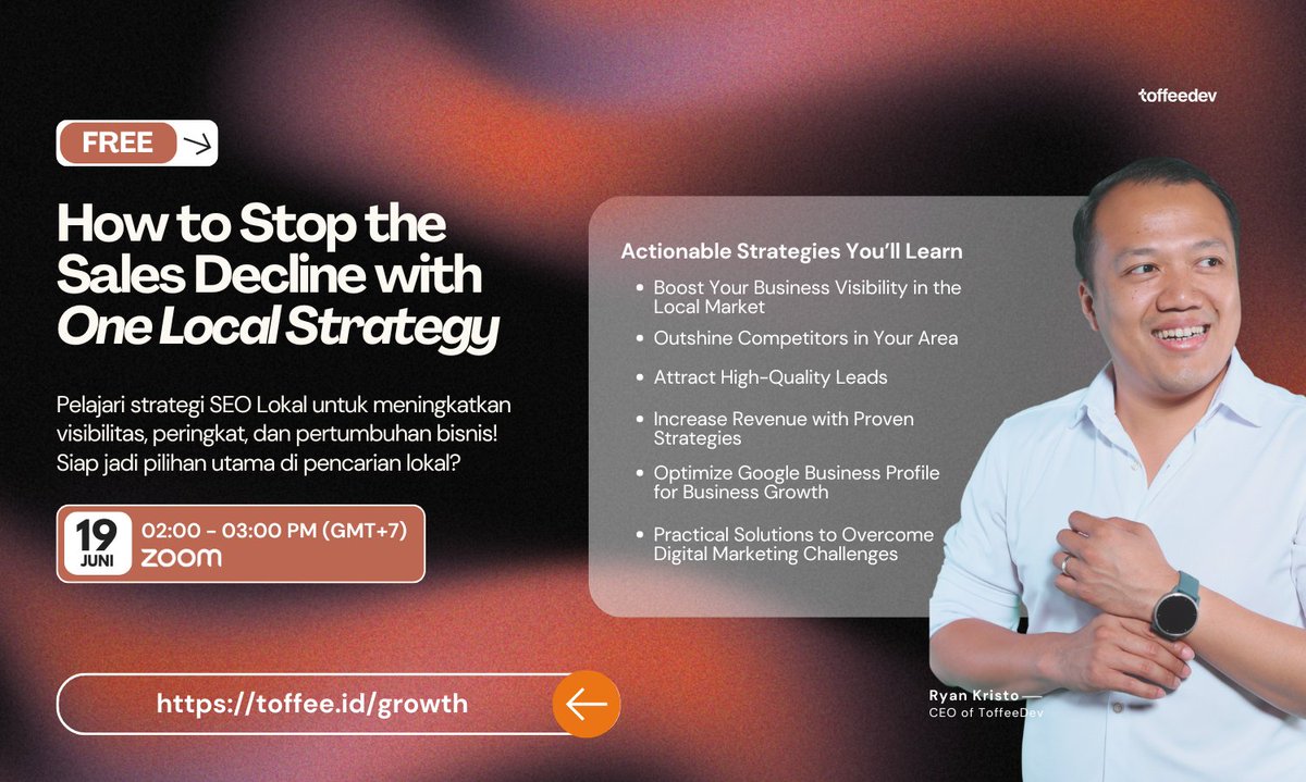 Time to Bounce Back with The Right Local Strategy!
Saya undang Anda untuk ikut sesi webinar “How to Stop the Sales Decline with One Local Strategy”
🗓️ Kamis, 19 Juni 2025
🕑 14:00 – 15:00 WIB
📍 Live via Zoom Online
🔗 Register now → hubs.ly/Q03sBk3_0
#LocalStrategy #LBO