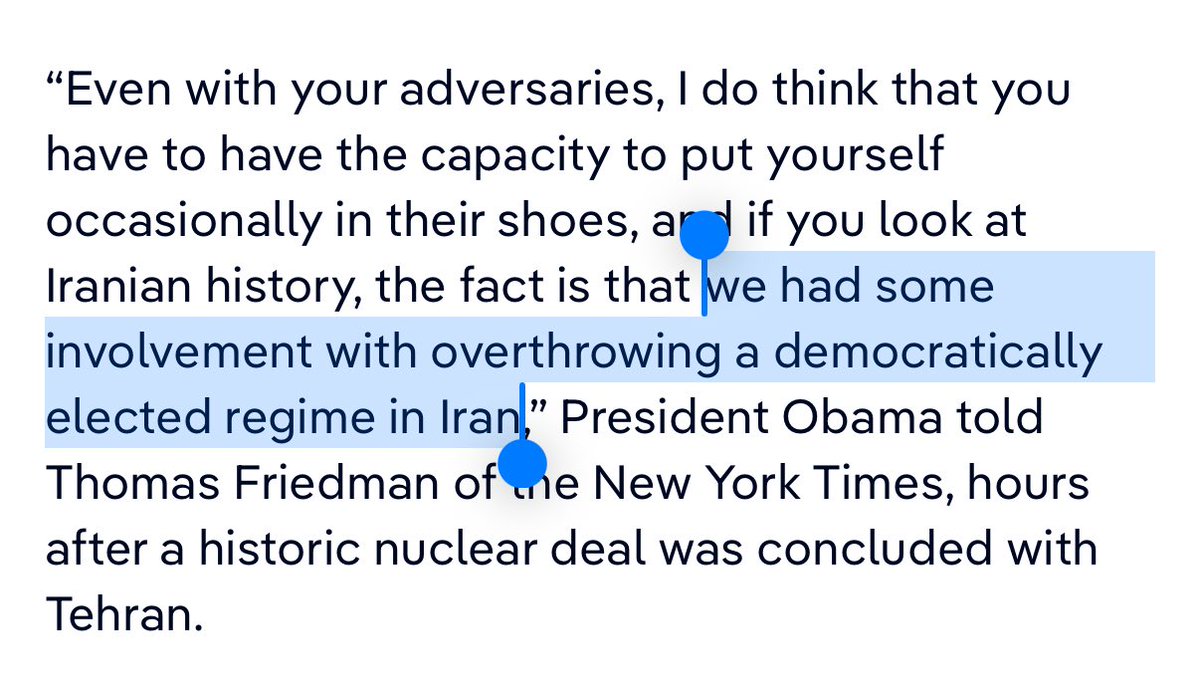 dj_d_sol's tweet image. An annoying pop history factoid is that the CIA helped overthrow the “democratically elected” Iranian PM in 1953 (see Obama quote)
Mosaddegh was popular for a while but Iran never had anything close to real elections, and by the time of the coup he was almost a full dictator
