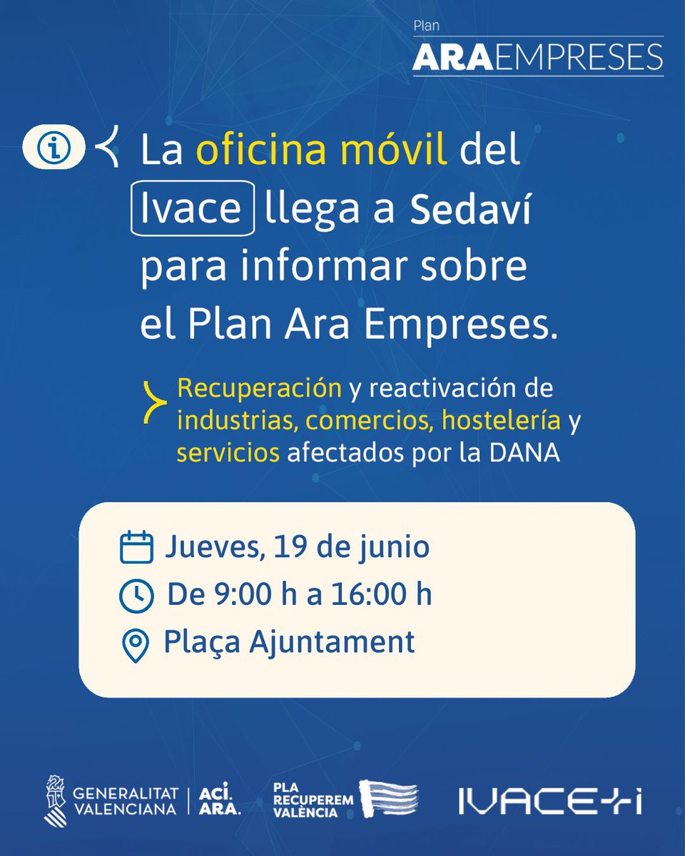 🚐 Continuamos nuestro recorrido con las oficinas móviles del Plan #AraEmpreses

📍 Mañana #Sedaví y #Benetússer
📍 Viernes #Algemesí y #Massanassa

🛍️Tu empresa o comercio está afectado por DANA?
🔈 Ven e infórmate de ayudas para la recuperación
🗓️ Plazo ampliado hasta 24 julio