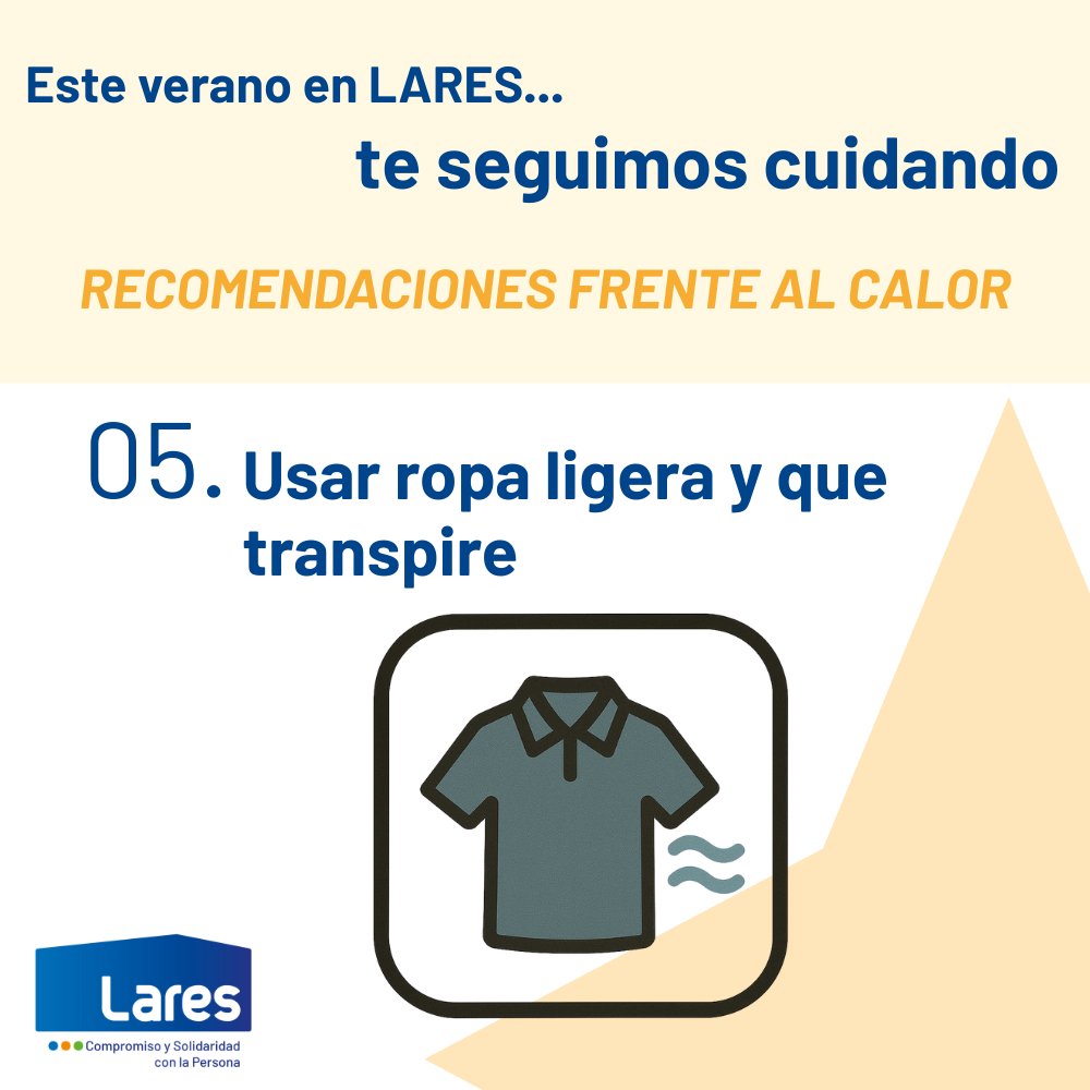 🌞Este #verano, te seguimos cuidando

🫶 Cuidar es acompañar en cada #detalle

👕En nuestras #residencias, recomendamos prendas frescas, claras y transpirables para prevenir el sobrecalentamiento

#EnLaresTeCuidamos #VeranoSeguro