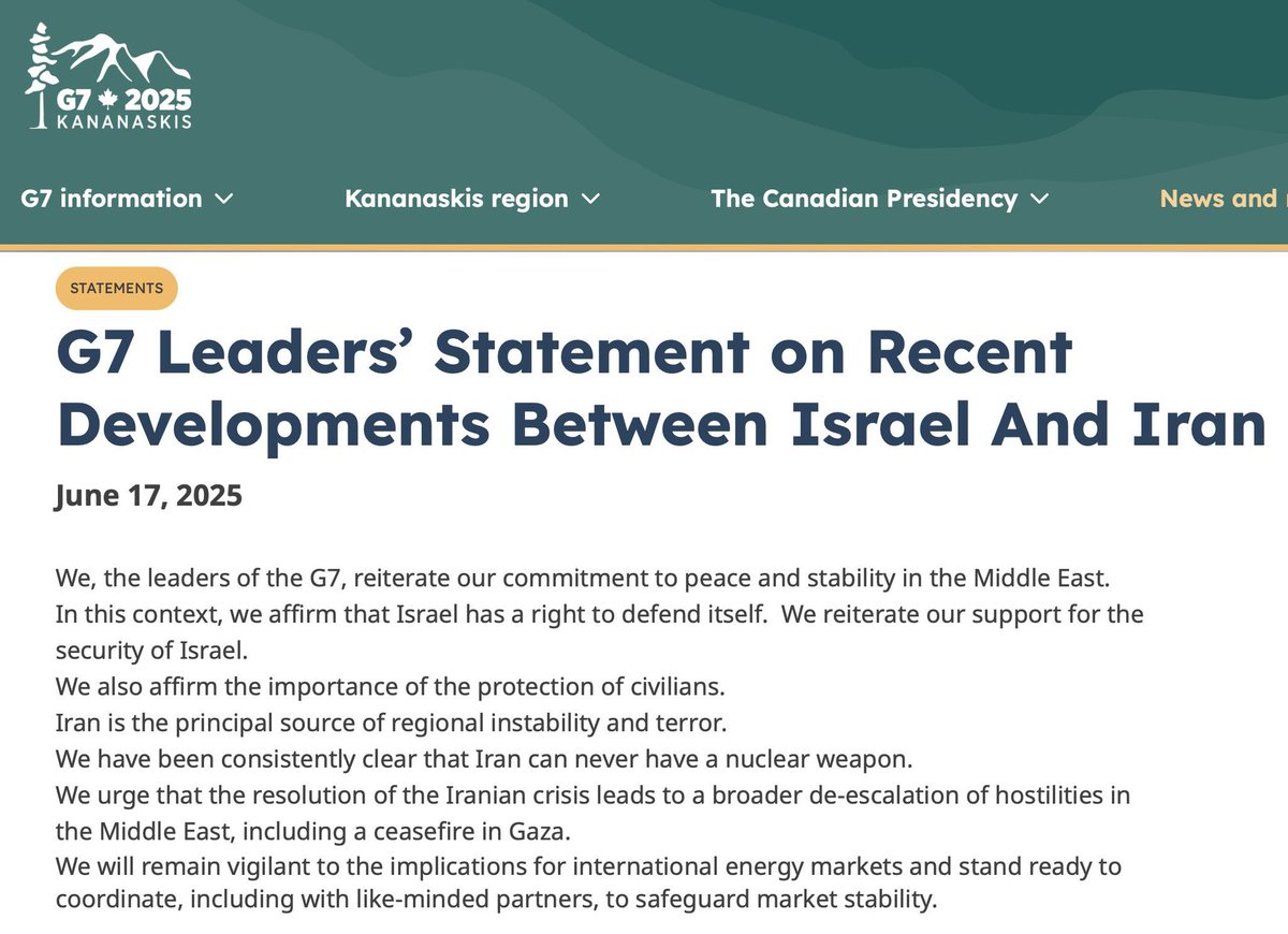 Important #G7 statement on Iran, affirming that: 

✅ "Israel has a right to defend itself." 
✅ "Iran is the principal source of regional instability and terror."
✅ "That Iran can never have a nuclear weapon."