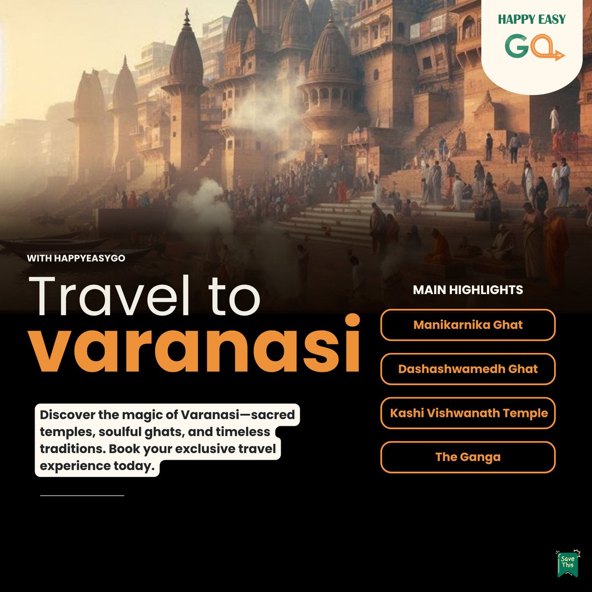 Discover the timeless charm of Varanasi — from the spiritual glow of Ganga Aarti to the peaceful aura of Buddha Temple Sarnath.

Book now with #HappyEasyGo &amp; get up to 8% OFF on flights!

Use code: HEGSUM8

#VaranasiVibes #SpiritualJourney #TravelWithHEG #FlightDeals