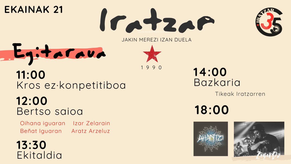 Larunbat honetan Iratzar elkartearen eta herriko tabernaren 35. urteurrena ospatuko dugu Villabonan!
Krosa, bertso saioa, ekitaldia, bazkaria, musika eta sorpresa ugari izango dira. Anima zaitezte!
1990-2025 MEREZI IZAN DU!✊
#Iratzar35urte #VillabonakoHerrikoTaberna