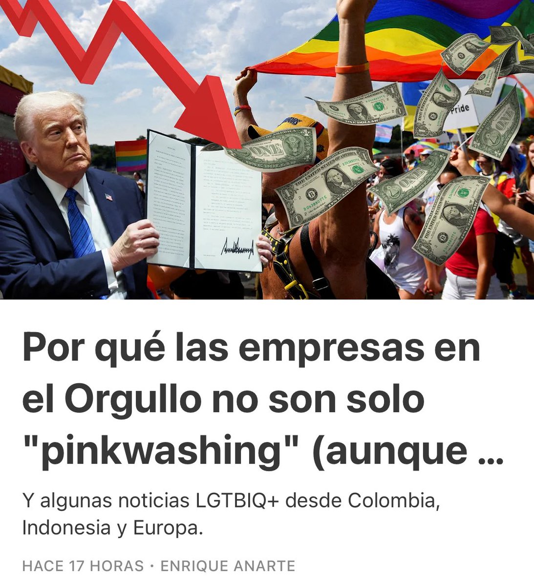 En la nueva entrega de mi newsletter me mojo sobre por qué (a veces) ese "pinkwashing" que tanto criticamos en Berlín, Madrid o Nueva York significa muchísimo para personas LGTBIQ+ que disfrutan de muchos menos derechos que nosotros.

Suscríbete aquí: enriqueanartelazo.substack.com/p/por-que-las-…