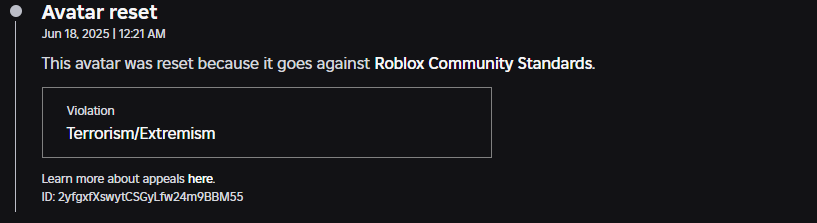 21iks's tweet photo. I got banned for 7 days for my avatar associating with "Terrorism"

Profile:https://t.co/3m2rh2KFMc

This was my avatar lmao
@Roblox 
@DavidBaszucki https://t.co/uljxi0bn8W