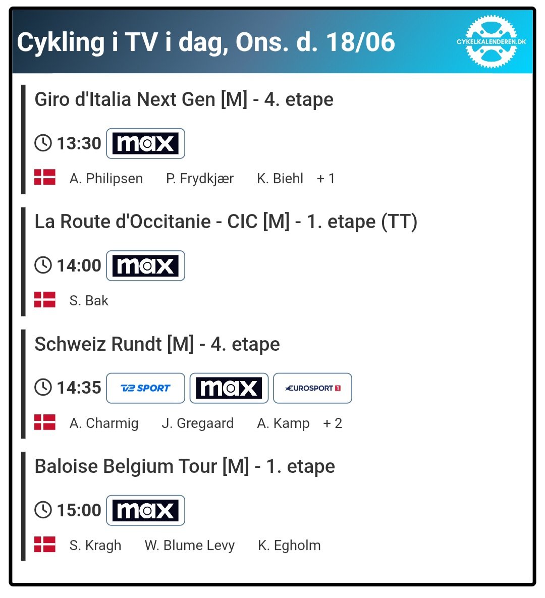 Cykelkalenderen's tweet photo. 🚴‍♂️  4 løb på 🖥 i dag 🥳

#cyklingdk https://t.co/ItELfmD4Ub