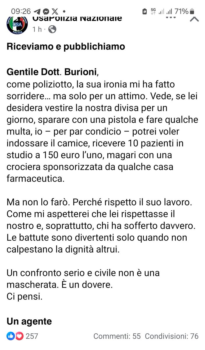 Risposta di OSA Polizia Nazionale a Burioni: