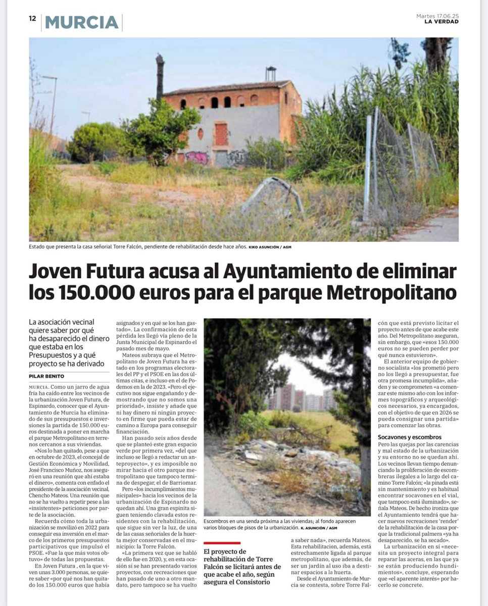 JovenFutura's tweet photo. JOVEN FUTURA RECLAMA LA REHABILITACIÓN DE LA CASA TORRE FALCÓN

En agosto de 2020 el equipo del alcalde @Ballesta_Murcia presentó el Proyecto de Rehabilitación de #TorreFalcón, 5 años después...: https://t.co/4udX1qTAfk

@AytoMurcia @navarro_corchon @JMEspinardo @Popularesmurcia https://t.co/Y9bDKjJfw5