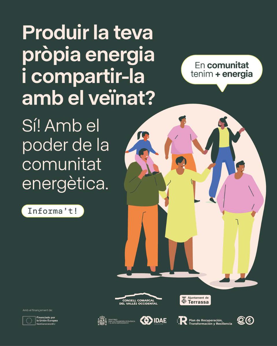 Terrassa Medi Ambient (@trsmediambient) on Twitter photo ⚡🌞 Vols formar part d’una comunitat energètica a Terrassa? 🌍💡
🔧 L’Ajuntament t’ofereix:
✅ Suport tècnic i jurídic
✅ Incentius fiscals per lloguer de cobertes i per autoconsum d’energia renovable
📩 transicio.energetica@terrassa.cat
#ComunitatsEnergètiques ⚡🌞 Vols formar part d’una comunitat energètica a Terrassa? 🌍💡
🔧 L’Ajuntament t’ofereix:
✅ Suport tècnic i jurídic
✅ Incentius fiscals per lloguer de cobertes i per autoconsum d’energia renovable
📩 transicio.energetica@terrassa.cat
#ComunitatsEnergètiques