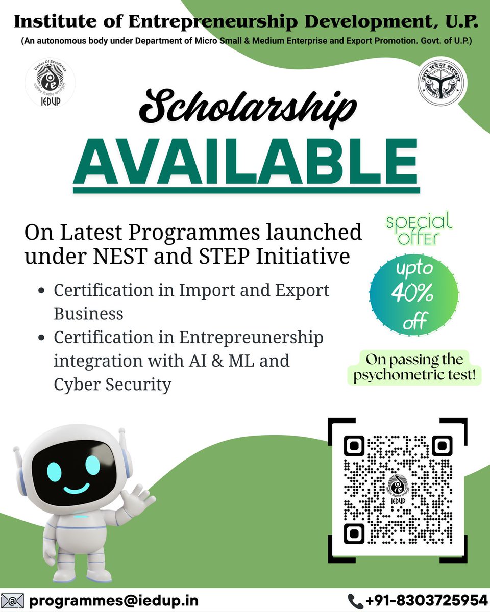ContactIedup's tweet photo. 🎓 Unlock your potential with IED U.P., Lucknow!
Take the Psychometric Test &amp; get *up to 40% off* on Govt. of U.P. certified programmes under NEST &amp; STEP:

* Import &amp; Export Business
* Entrepreneurship with AI/ML &amp; Cyber Security

Apply: https://t.co/Ekn1m5mRnT https://t.co/okFa7rISid