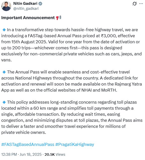 Finally a much needed relief from costly travel on highways and over charges. Govt launching yearly tool pass from 15th Aug. This pass costing Rs 3000 will be valid for 1 year or 200 trips which ever comes first