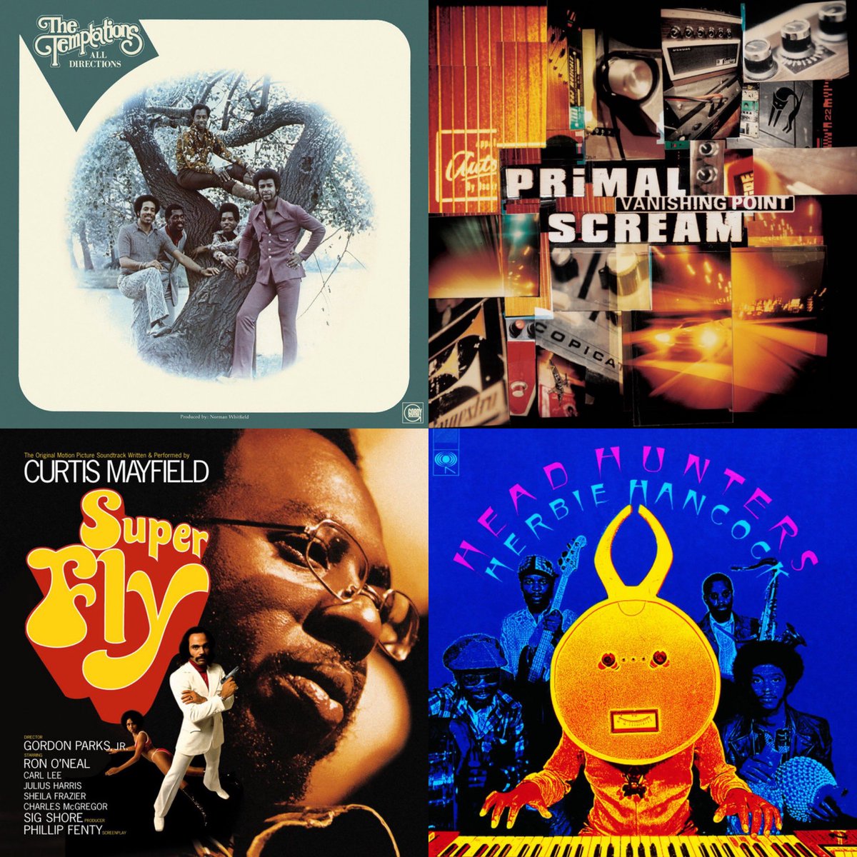 #MúsicaDesobediente All Directions <a href="/thetemptations/">The Temptations</a> 1972 #PsychedelicSoul 🇺🇸 | Vanishing Point • Primal Scream • 1997 #AltRock #Electronic #KrautRock #NeoPsychedelia 🏴󠁧󠁢󠁳󠁣󠁴󠁿🇬🇧 | Super Fly <a href="/CurtisLMayfield/">Curtis Mayfield</a> 1972 #Soul #Funk #Soundtrack 🇺🇸 | Head Hunters <a href="/herbiehancock/">Herbie Hancock</a> 1973 #Jazz 🇺🇸