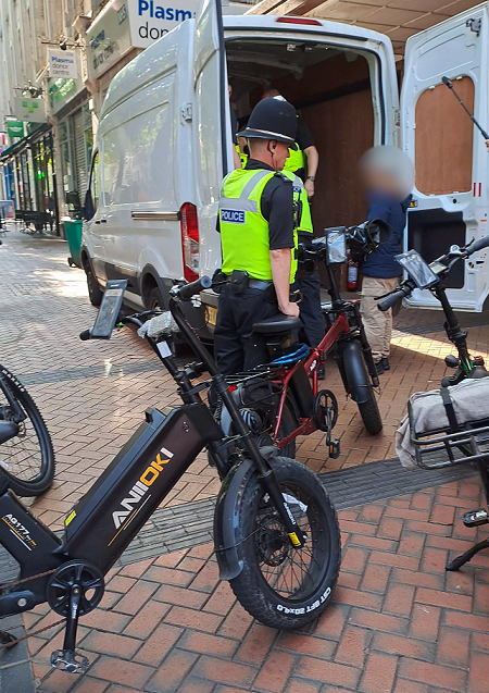 Safer Travel Police (@st_police) on Twitter photo We supported <a href="/BrumPolice/">Birmingham Police</a> and other partners taking action against dangerous illegally modified e-bikes in the city centre yesterday.
16 bikes were seized and will be crushed, as well as fines issued to the riders. We supported <a href="/BrumPolice/">Birmingham Police</a> and other partners taking action against dangerous illegally modified e-bikes in the city centre yesterday.
16 bikes were seized and will be crushed, as well as fines issued to the riders.