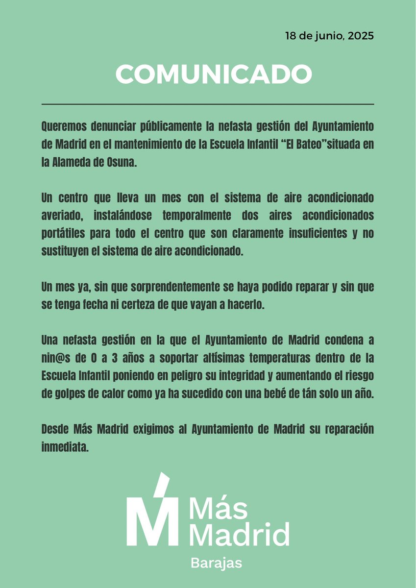 Queremos denunciar la gestión del Ayto en la Escuela Infantil “El Bateo” de la Alameda de Osuna; la cual lleva un mes sin aire acondicionado y sin fecha, ni certeza de que vaya a reparar.

Una nefasta gestión que condena a nin@s de 0 a 3 años a soportar altísimas temperaturas.