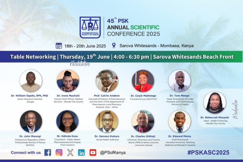 The Pharmacy and Poisons Board, led by Chair Dr. Charles Githinji and CEO Dr. F. M Siyoi, is participating in the ongoing 45th Annual Scientific Conference of the Pharmaceutical Society of Kenya (PSK).

Health Cabinet Secretary Hon. Aden Duale is set to preside over the event,