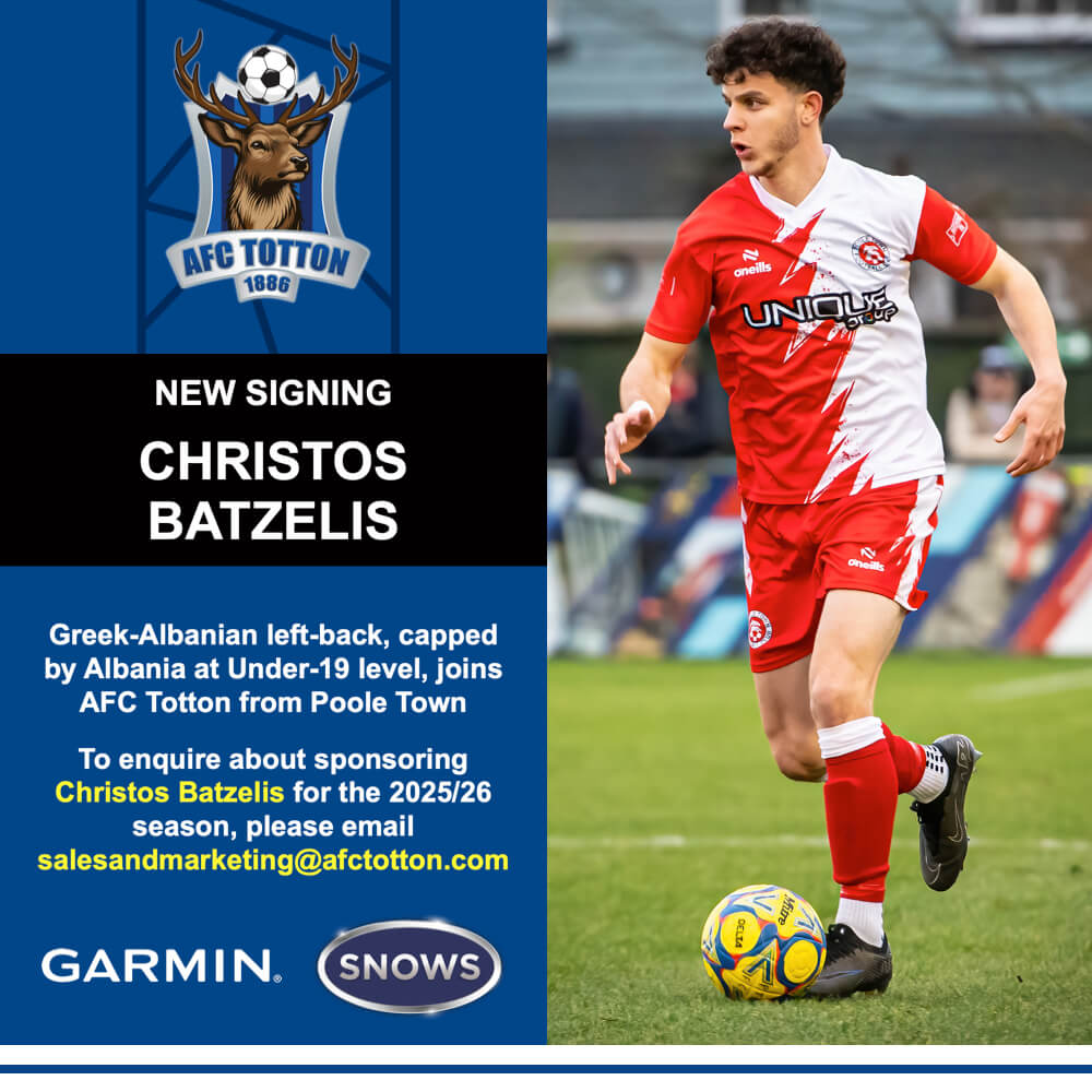 WELCOME to defender CHRISTOS BATZELIS who has signed for AFC Totton from Poole Town

Read MORE 📰🦌
tinyurl.com/2x6rhy2x

#GoStags 🦌