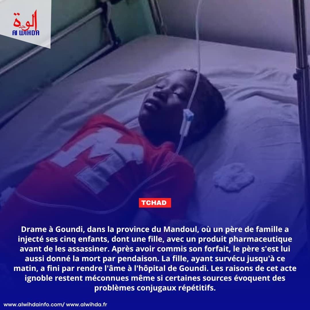 alwihdainfo's tweet photo. #Tchad : Drame à Goundi, dans la province du Mandoul, où un père de famille a injecté ses cinq enfants, dont une fille, avec un produit pharmaceutique avant de les assassiner. Après avoir commis son forfait, le père s'est lui aussi donné la mort par pendaison. La fille, ayant survécu jusqu'à ce matin, a fini par rendre l'âme à l'hôpital de Goundi. Les raisons de cet acte ignoble restent méconnues même si certaines sources évoquent des problèmes conjugaux répétitifs.