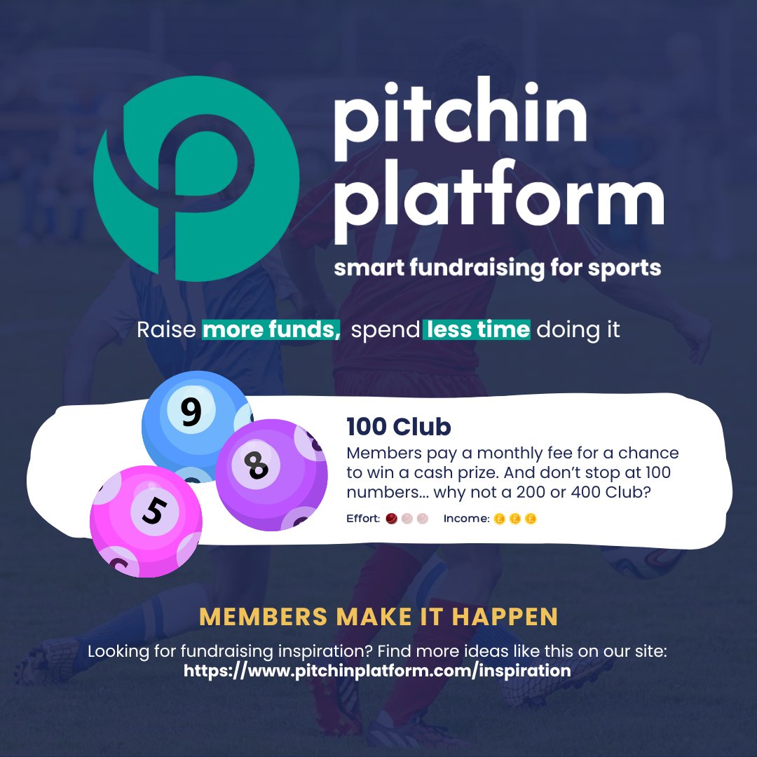 PitchInPlatform's tweet photo. Run a 100 Club (or 200, or 400...) the easy way. Monthly draw, recurring income, no spreadsheets. We handle payments, numbers &amp; updates.

🎯 Start here: https://t.co/6B0DyMyjQv

#GrassrootsSports #ClubFundraising https://t.co/0yANYRQOaF