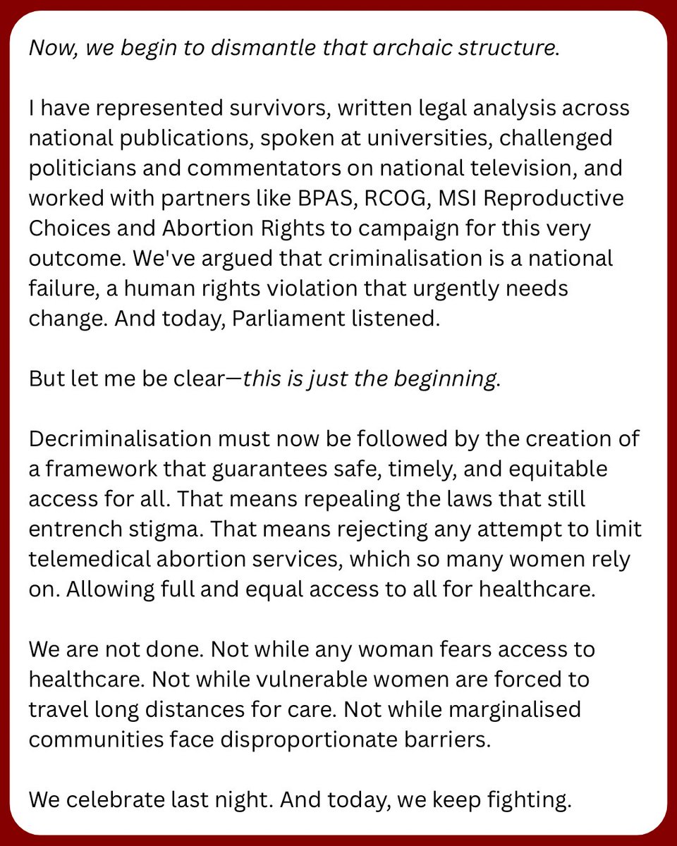 DrProudman's tweet image. Last night marked a historic milestone for women’s rights: Parliament has voted to decriminalise abortion in England and Wales. For the first time in over a century, those making deeply personal healthcare decisions no longer face the threat of prosecution. This moment is the…