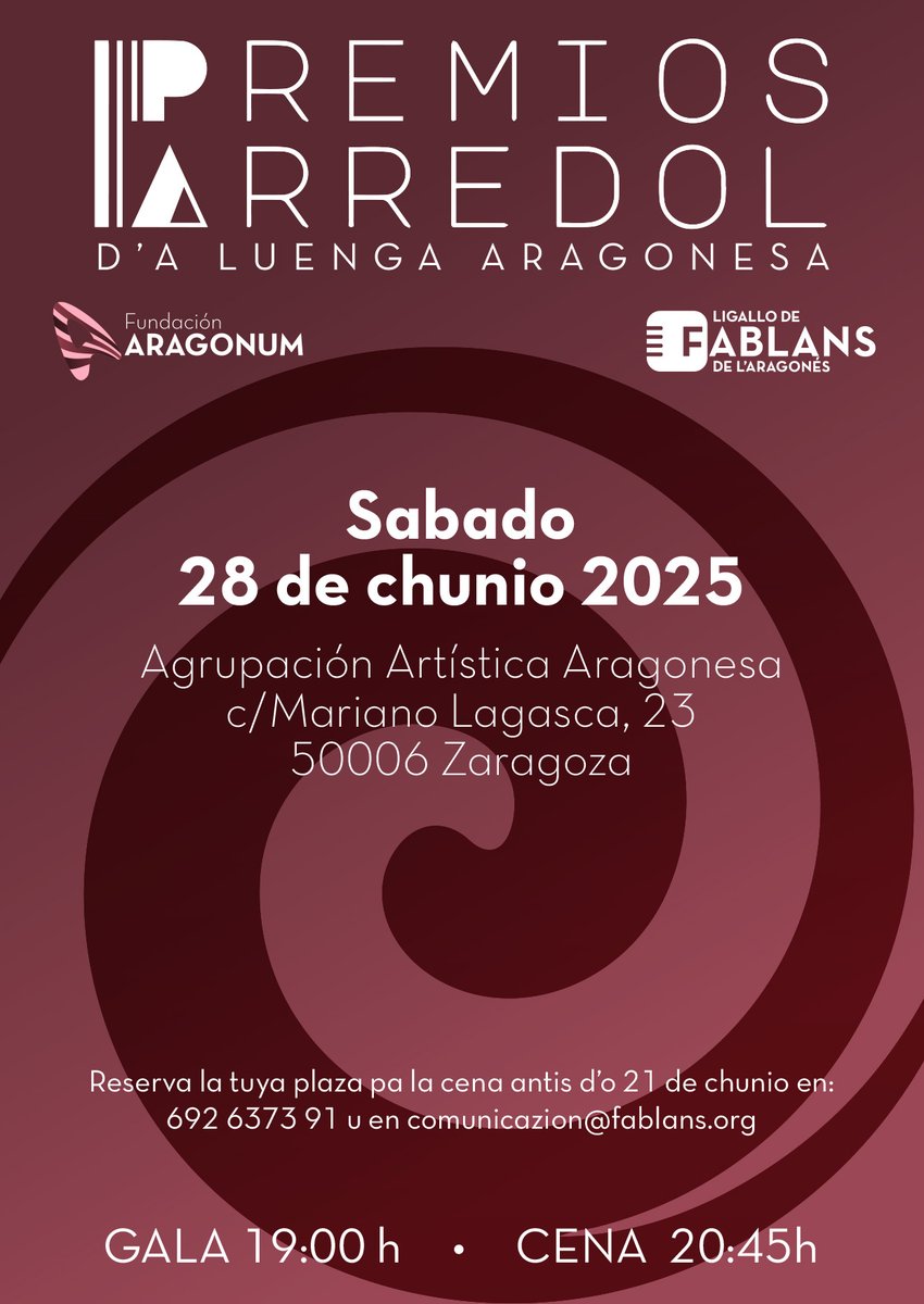 Iste sabado 28 de chunio de 2025, tornan os Premios Arredol de Ligallo de Fablans y Fundación Aragonum.
Soz convidaus a ista gala!!!
#ligallofablans #fundacionaragonum