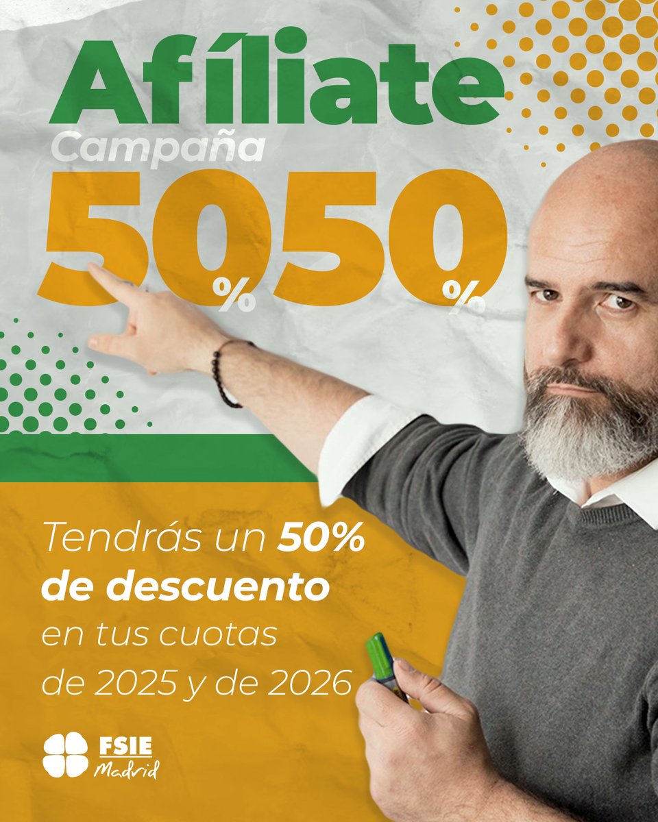 📣 Aprovecha esta interesante campaña de afiliación.

📌 Afíliate a #FSIEMadrid antes del 30 de junio y pagarás solo el 50% de la cuota en 2025 y el 50% en 2026; es decir, 40€ en 2025 y 40€ en 2026.

Infórmate aquí ➡️ tinyurl.com/3sze2mtx

#somosFSIE