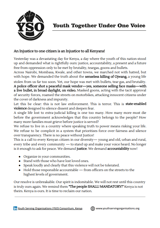Kenya belongs to its people — not to those who abuse power.
One life lost to injustice is one too many.
Read our full statement below and take action:
✅ Organize
✅ Speak out
✅ Demand accountability
#YouthTogetherUnderOneVoice
#JusticeForAlbertOjwang