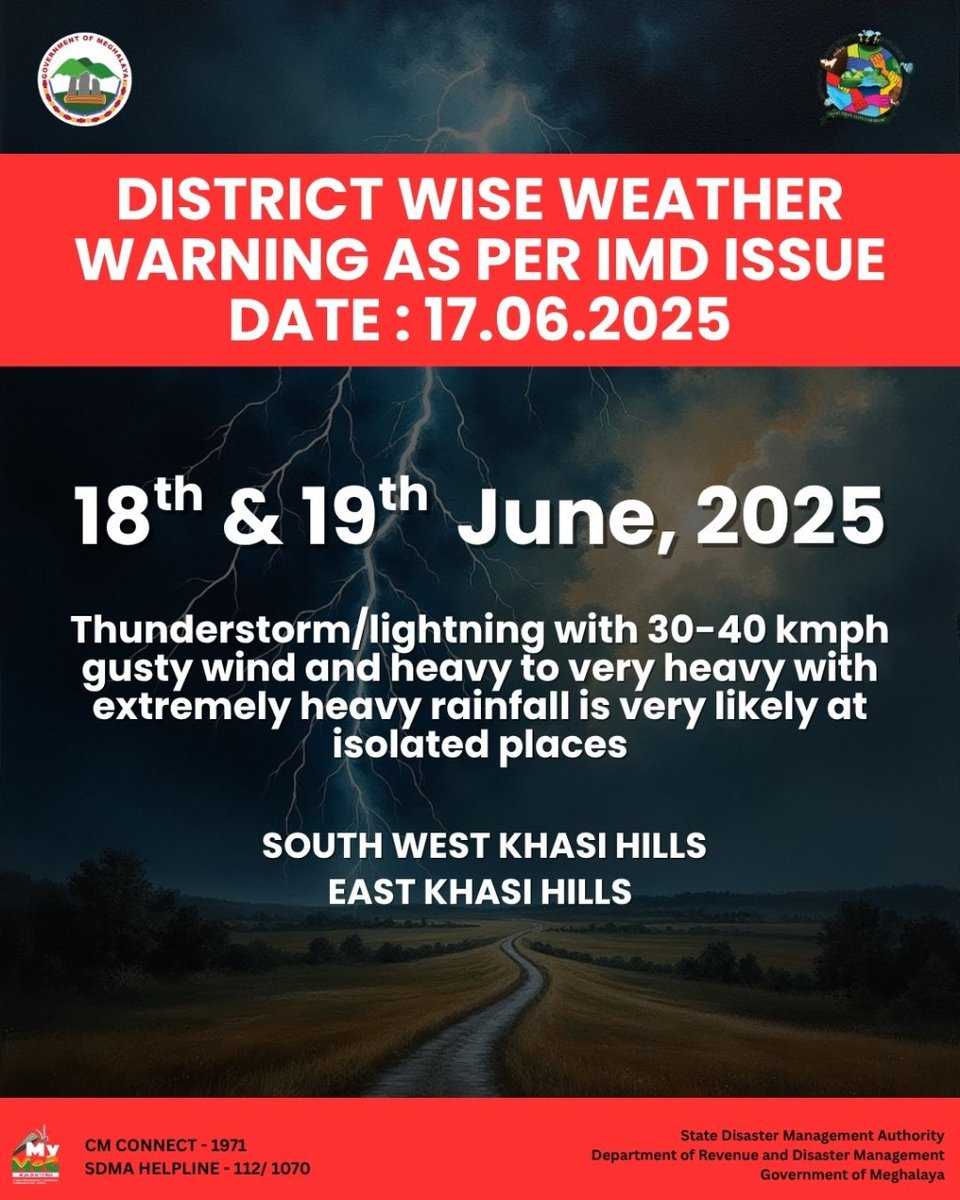 SDMA Meghalaya (@meghsdma) on Twitter photo District wise weather warning as per IMD issue date: 17.06.2025. Citizens are advised to be cautious and take necessary precautions. <a href="/ndmaindia/">NDMA India | राष्ट्रीय आपदा प्रबंधन प्राधिकरण 🇮🇳</a>
#weatheralert #thunderstorm #lightning #gustywinds #rainfall #alert #staysafe #sdma #Meghalaya District wise weather warning as per IMD issue date: 17.06.2025. Citizens are advised to be cautious and take necessary precautions. <a href="/ndmaindia/">NDMA India | राष्ट्रीय आपदा प्रबंधन प्राधिकरण 🇮🇳</a>
#weatheralert #thunderstorm #lightning #gustywinds #rainfall #alert #staysafe #sdma #Meghalaya