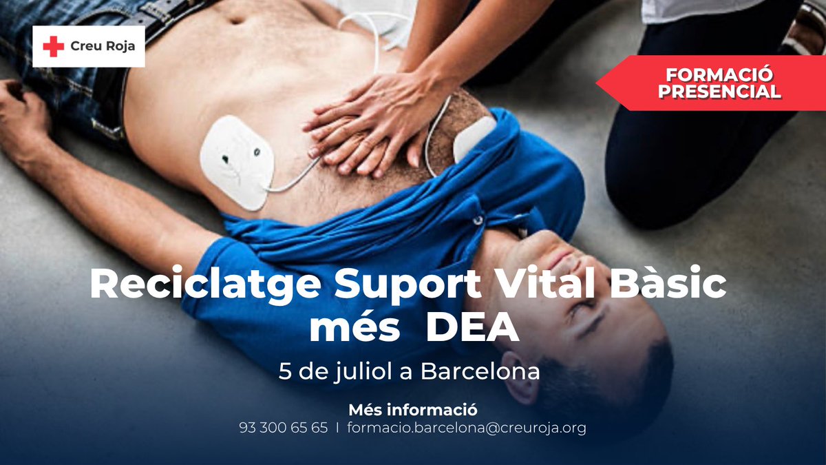 🆘Sabies que el teu certificat caduca als 3 anys?
Renova la teva certificació en RCP i ús del DEA i assegura’t que les teves habilitats continuen sent efectives per salvar vides.
📅 5 de juliol
 📍BCN
 🕒De 10h a 11:30 h
💰 Preu: 36 €
👉 Inscripcions:
www2.cruzroja.es/web/cruzroja/d…