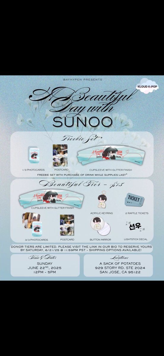 Beautiful Tier reveal

𝒜 𝐵𝑒𝒶𝓊𝓉𝒾𝒻𝓊𝓁 𝒟𝒶𝓎 𝓌𝒾𝓉𝒽 𝒮𝓊𝓃𝑜𝑜

donor form - forms.gle/8e3vKSMZNsqN6x…
shipping available 📤 
🇺🇸usa only

june 22nd (12-5pm)
📍a sack of potatoes 

fanart by <a href="/coocomint/">° ♡ ᴍɪɴᴛ ♡ °</a> 🍑

#ENHYPEN #ENHYPEN_SUNOO #SUNOO #선우 #ABeautifulDayWithSunoo