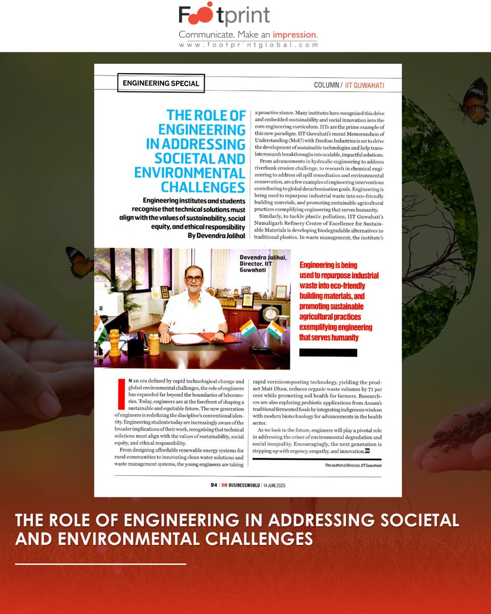 FGCTweets's tweet image. Read this insightful article by Prof. Devendra Jalihal, Director, IIT Guwahati, highlighting the imperative for engineering institutes and students to ensure that technical solutions are rooted in sustainability, social equity, and ethical responsibility.

#SustainableEngineering