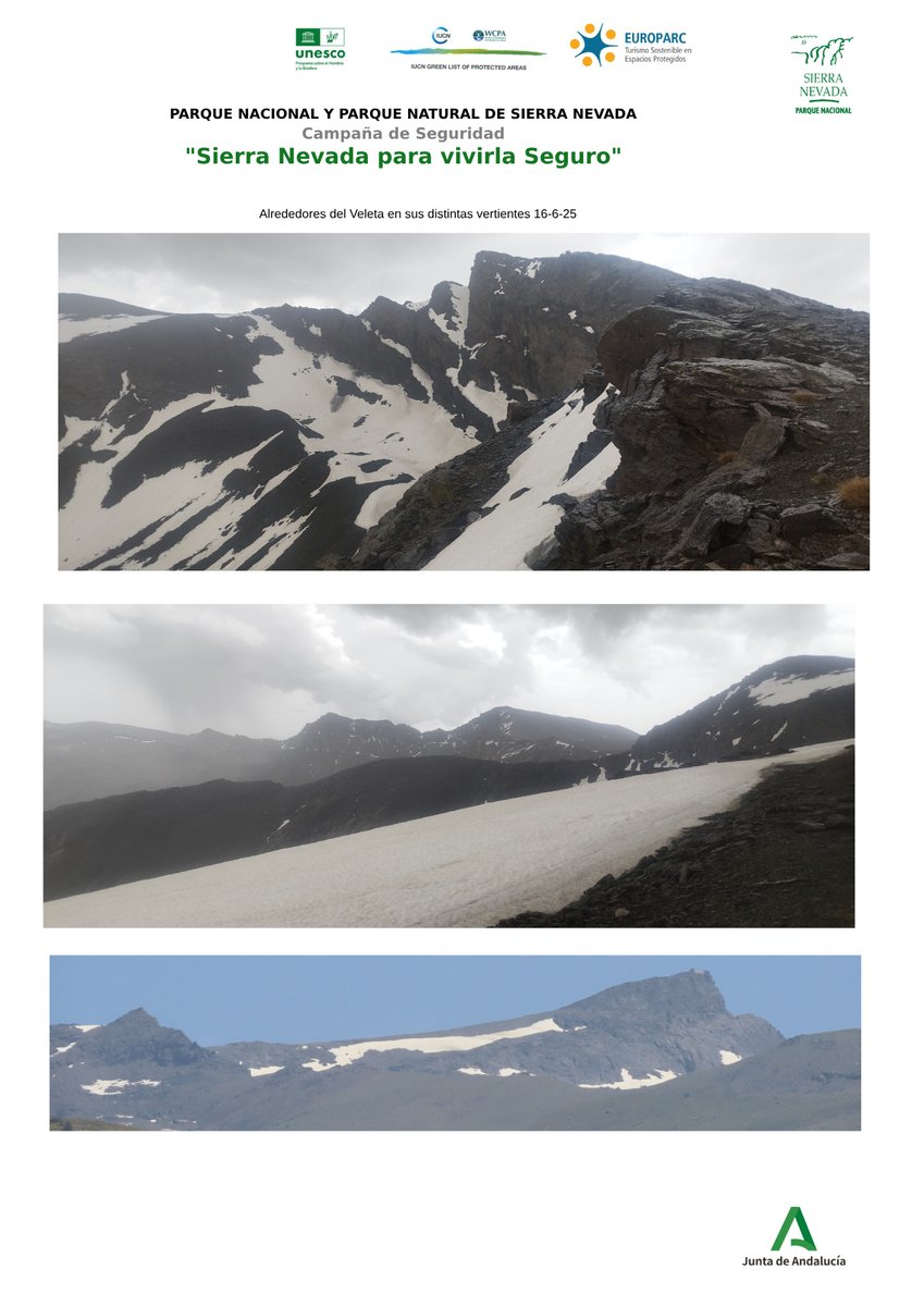 📢 Ficha de Seguridad - Sierra Nevada (18 de junio):
🏔️ Grandes ventisqueros por encima de 2800 m: imprescindibles crampones.
⚠️ Riesgo de desprendimientos en cortados.
💧 Ríos y arroyos con mucho caudal.
🌩️ Posibilidad de tormentas fuertes.
📞 Emergencias: 112