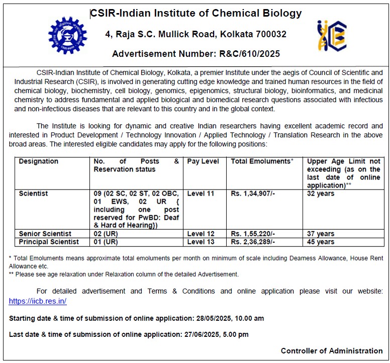 csir_iicb's tweet image. Advertisement for the post of Scientist, Senior Scientist and Principal Scientist.
For detailed advertisement and Terms & Conditions and online application please visit our website: iicb.res.in