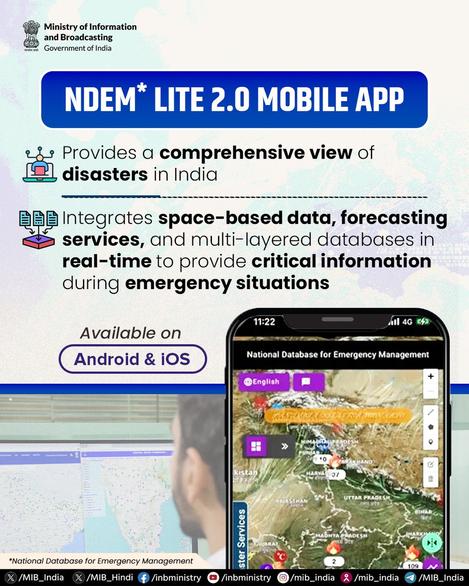 MIB_India's tweet photo. The Government has launched NDEM Lite 2.0 mobile app which will provide a comprehensive view of disasters in India.

By integrating space-based data, forecasting services, and multi-layered databases in real-time, the app will provide critical information during emergency situations.

Visit https://t.co/PR97gSFl1t to download the app📲

#DisasterManagement