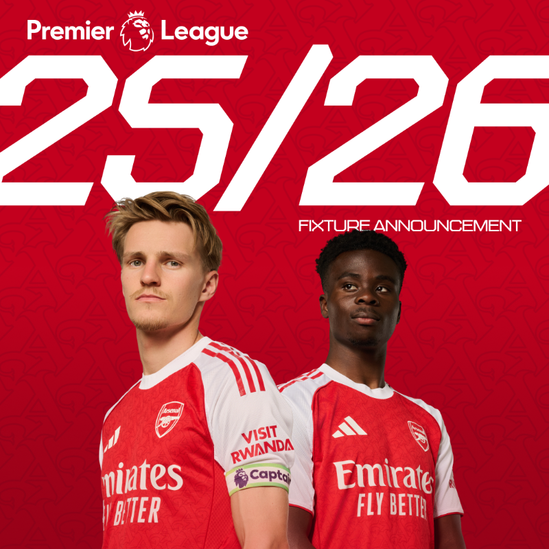 Arsenal's tweet photo. They're finally here 🤩

💥 Action-packed start 
👀 Intriguing run-in 
🌇 All London in October and May

Time to unwrap our 2025/26 Premier League fixtures, Gooners 🎁