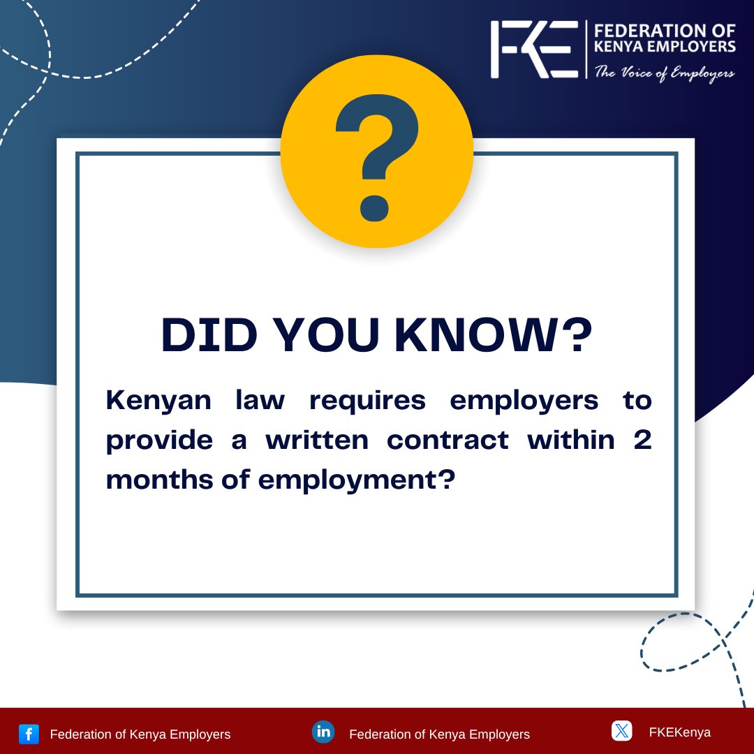 Kenyan Labour law requires employers to provide employees with a written contract within two months of the start of employment for contracts lasting longer than three months as per the Employment Act, 2007 
This ensures mutual understanding of the terms &amp; conditions of employment