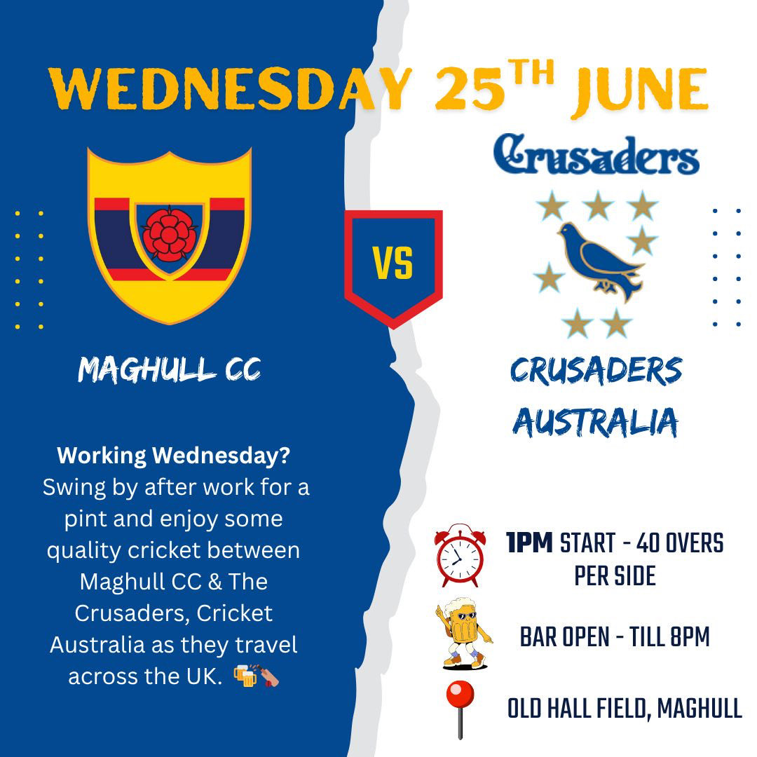 Maghull Cricket Club (@maghullcc) on Twitter photo June 25th sees a Maghull XI take on a side representing <a href="/Crusaderscric/">Crusaders Cricket Australia</a> . Bar will be open throughout! maghull.play-cricket.com/news_details?a… June 25th sees a Maghull XI take on a side representing <a href="/Crusaderscric/">Crusaders Cricket Australia</a> . Bar will be open throughout! maghull.play-cricket.com/news_details?a…