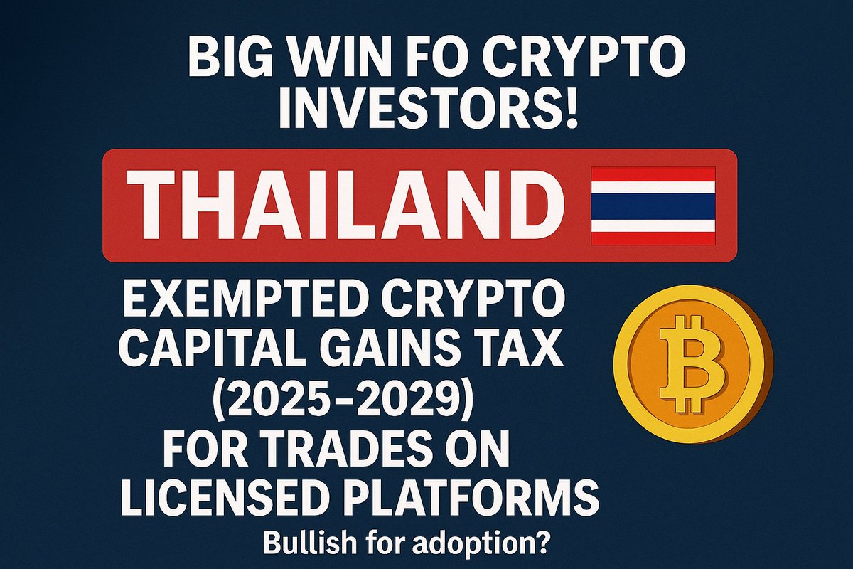 CipherPulse568's tweet image. 👀 Big Win for Crypto Investors!

🚨 Thailand just exempted crypto capital gains tax (2025–2029) for trades on licensed platforms 🇹🇭💸
A bold move to rival Dubai &amp;amp; Singapore in the race for global crypto dominance 🌐

Bullish for adoption? 🧠

#Crypto   #Web3  #Bitcoin