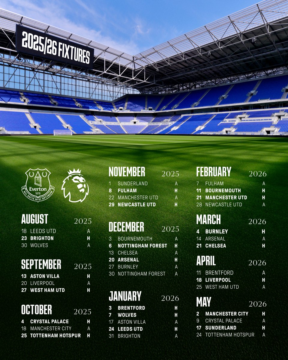 Our 2025/26 fixture list in full – our first season at Hill Dickinson Stadium. 🔵

Live reaction from our new home right here. 🔽
youtube.com/live/un8kxSXlm…