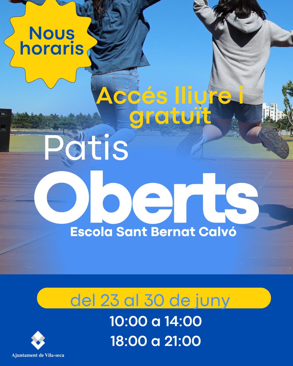 🌞 Nous horaris d'estiu pels Patis Oberts a l'Escola Sant Bernat Calvó 📍 #Vilaseca
Gaudeix d’un espai segur i divertit per jugar, socialitzar i passar-ho bé!
🗓 Del 23 al 30 de juny -&gt; de 10.00 a 14.00 h i de 18.00 a 21.00 h
✅ Accés lliure i gratuït. Obert a tothom!