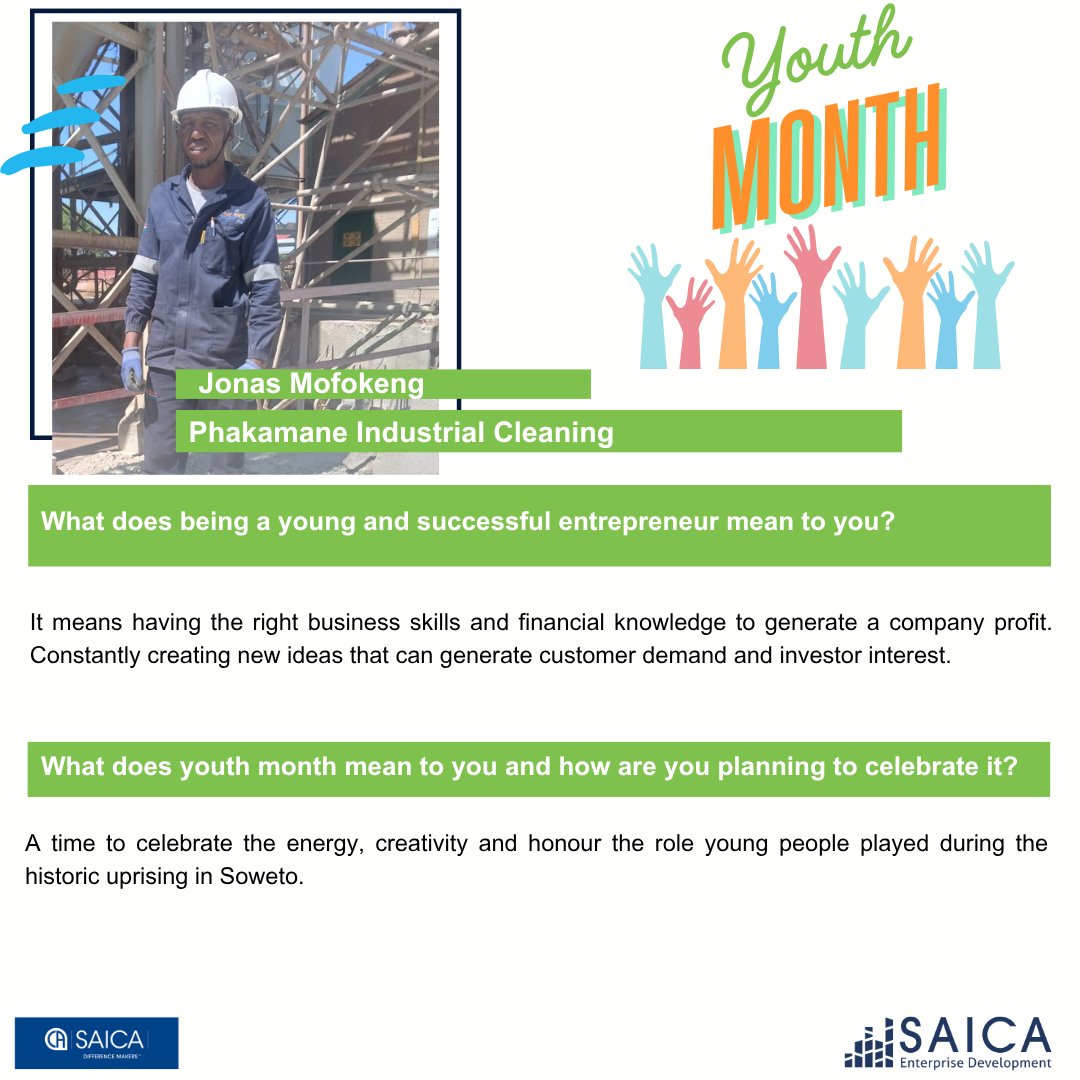 Our youth champion for this week is Jonas Mofokeng. His business offers boiler high pressure cleaning, sand blasting and boiler painting. “The support I have received from being on the programme is getting equipped with opportunities that will ensure growth in my business.”