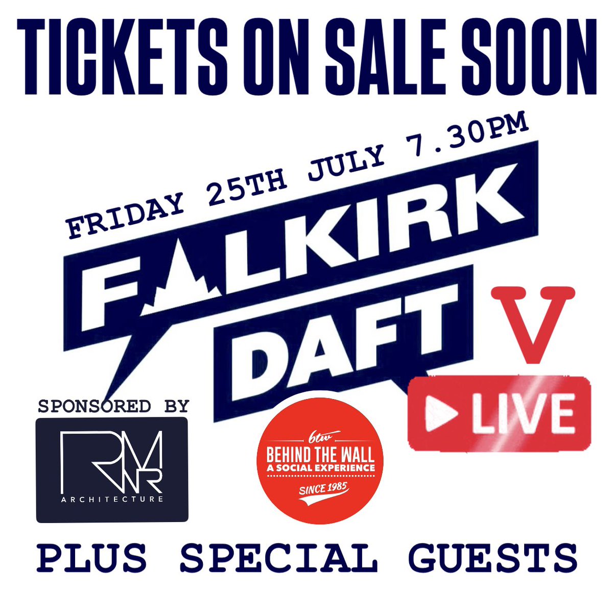 Falkirk Daft (@falkirkdaft) on Twitter photo 🚨 Falkirk Daft LIVE V announced….
A Premiership Preview! 🏆
2️⃣5️⃣/7️⃣/2️⃣5️⃣
Tickets on sale - 9am Friday 27th June
<a href="/BTWFalkirk/">Behind The Wall</a> x <a href="/Falkirkdaft/">Falkirk Daft</a>
Sponsored by RMAR Architecture 🚨 Falkirk Daft LIVE V announced….
A Premiership Preview! 🏆
2️⃣5️⃣/7️⃣/2️⃣5️⃣
Tickets on sale - 9am Friday 27th June
<a href="/BTWFalkirk/">Behind The Wall</a> x <a href="/Falkirkdaft/">Falkirk Daft</a>
Sponsored by RMAR Architecture