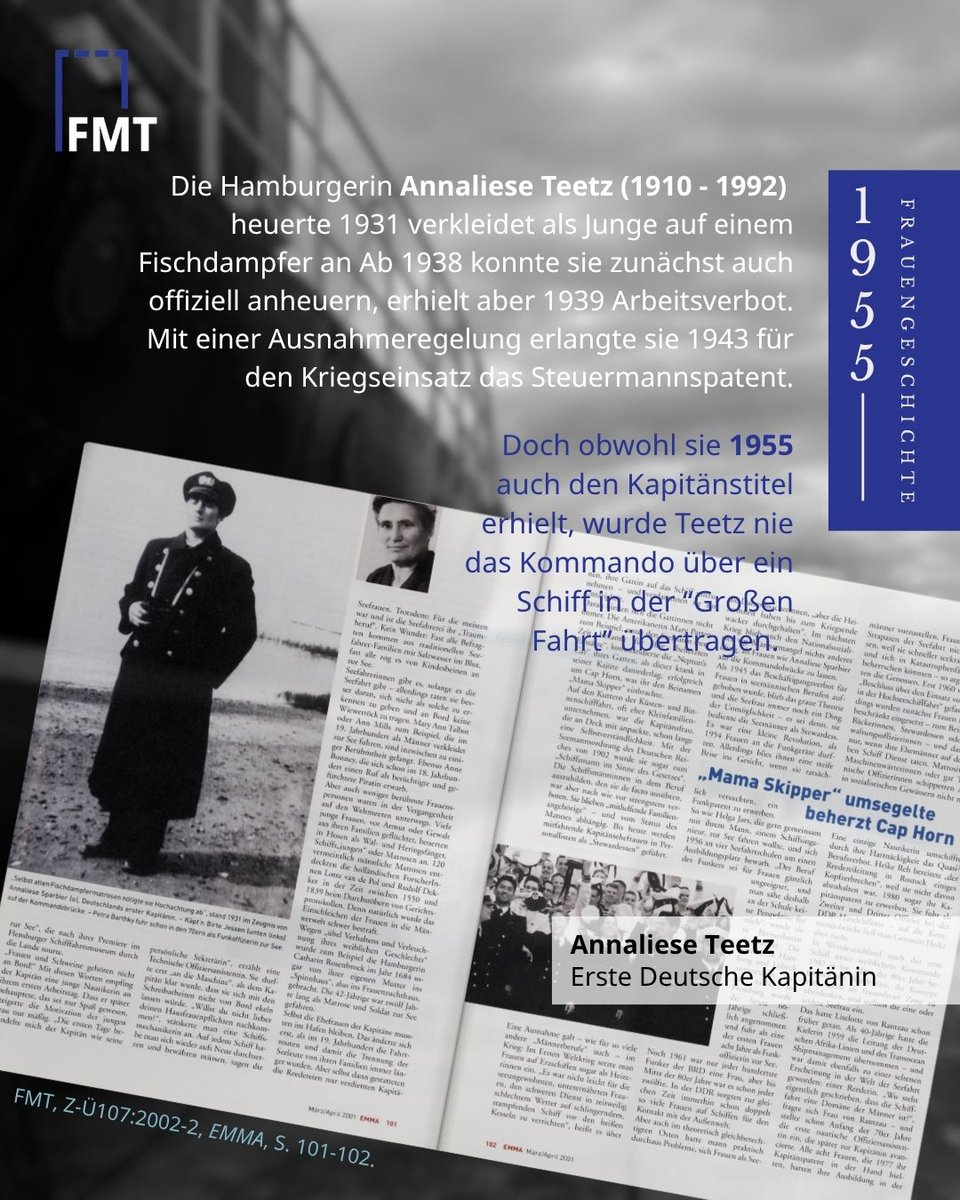 Zum #TagderSeefahrt 🌊 blicken wir auf Frauen an Deck und drei außergewöhnliche Kapitäninnen: Anna Schtschetinina, Molly Kool, Annaliese Teetz – Frauen, die als erste in ihrer Zeit das Steuer übernahmen und maritime Geschichte schrieben. 👩‍✈️ #Seefrauen #Kapitänin #Frauengeschichte